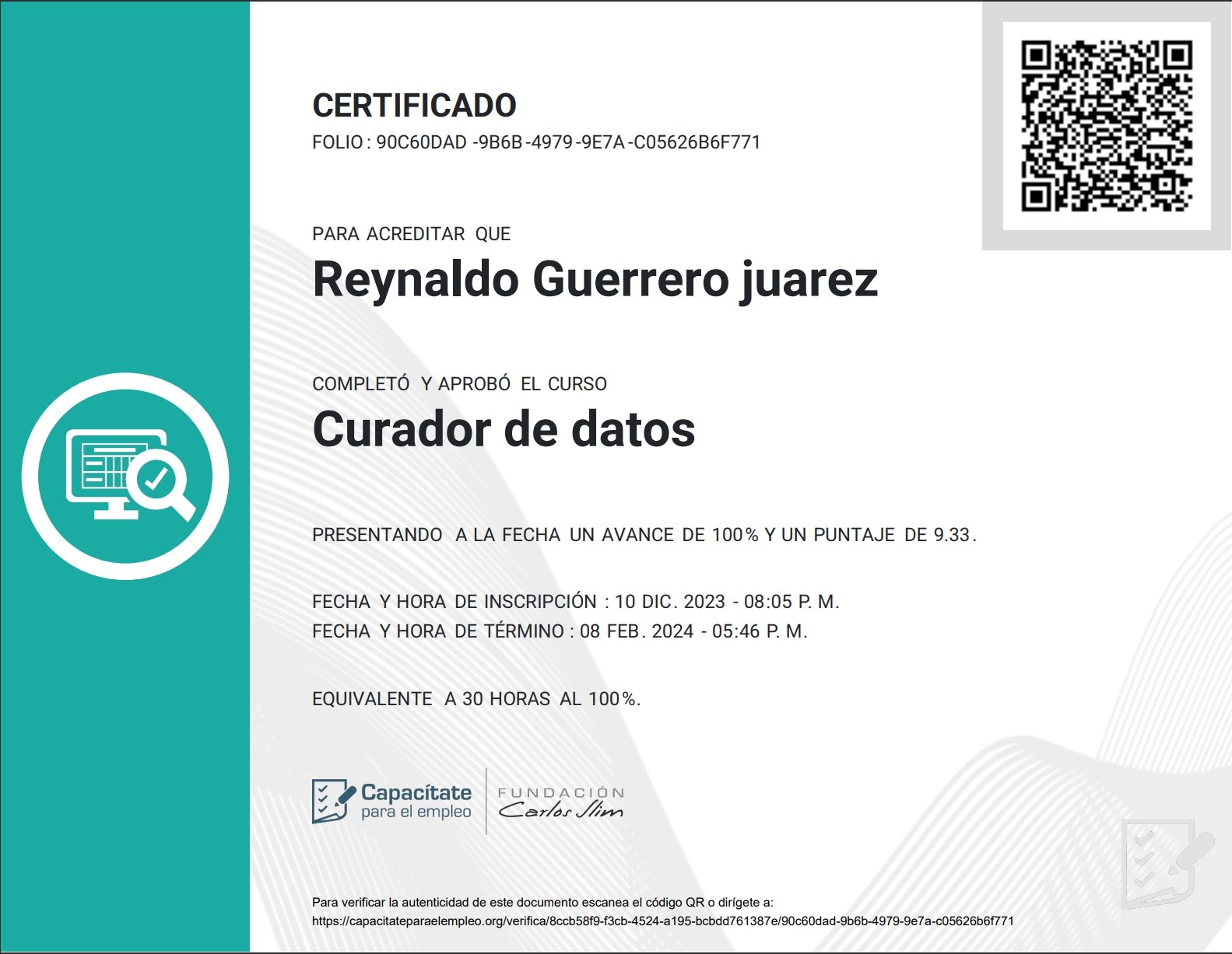 Certificado Curador de Datos